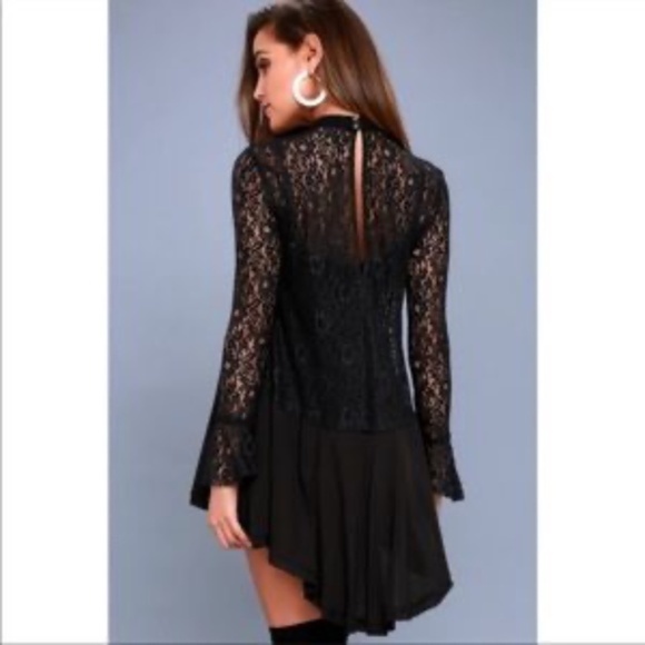 Free People Tell Tale Black Lace Hi Low Bell High Neck Swing Dress Long Sleeve M - Picture 2 of 6